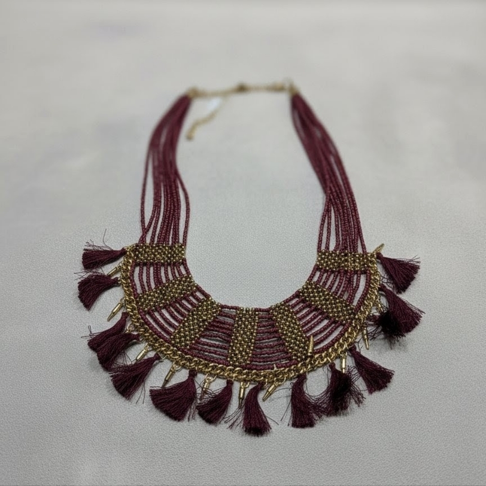 Handmade Maroon & Gold Woven Bib Choker - Bohemian Tassel Statement Piece - Picture 2 of 3